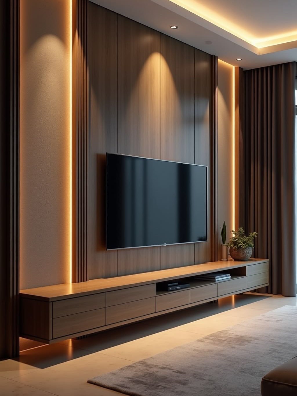 Dark wood paneled accent wall with integrated lighting behind a television and floating media console.